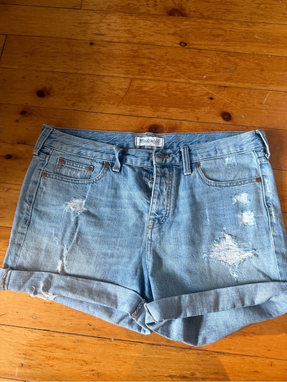 Madewell Washed Light Blue Distressed Rolled Hem Denim Shorts